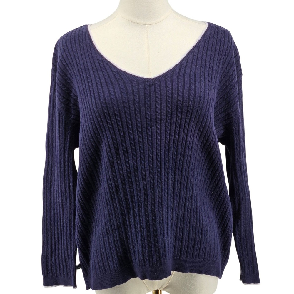 Lauren Ralph Lauren Sweater Pullover Womens L Navy Blue V-Neck Cable-Knit
